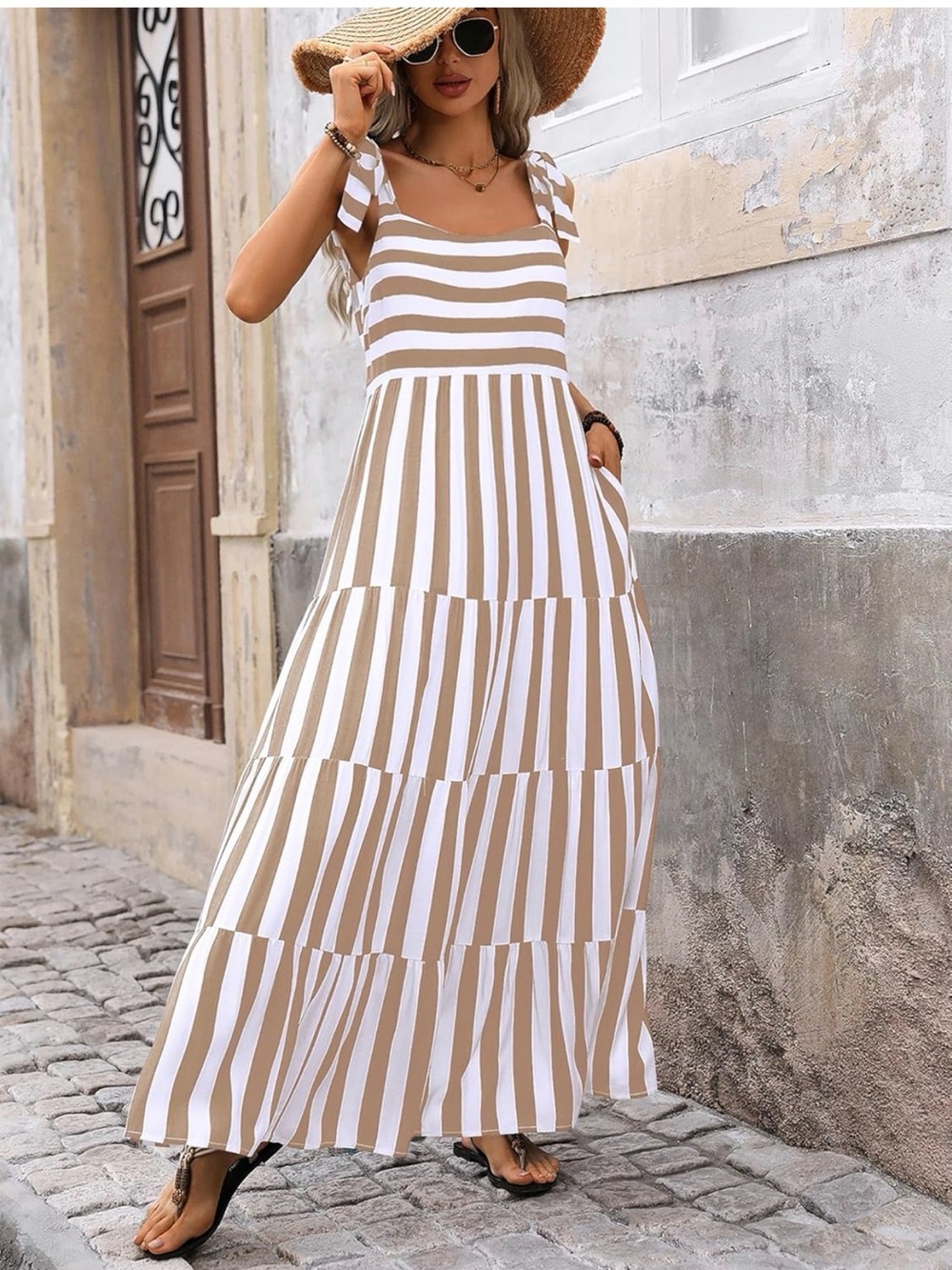 Striped Tie-Shoulder Maxi Dress in Beige and White